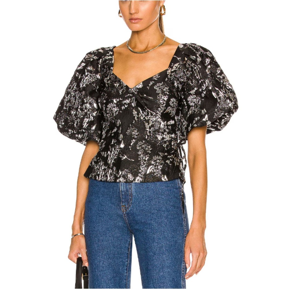 Jonathan Simkhai Taylor Wraptop Women Size 2 Black Silver Metallic Puff Sleeve